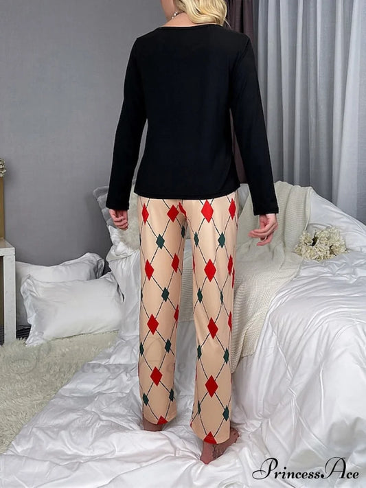 T-Shirt And Loungewear - Women’s Neck Santa Crew Letter Arm Long Claus Set Pant