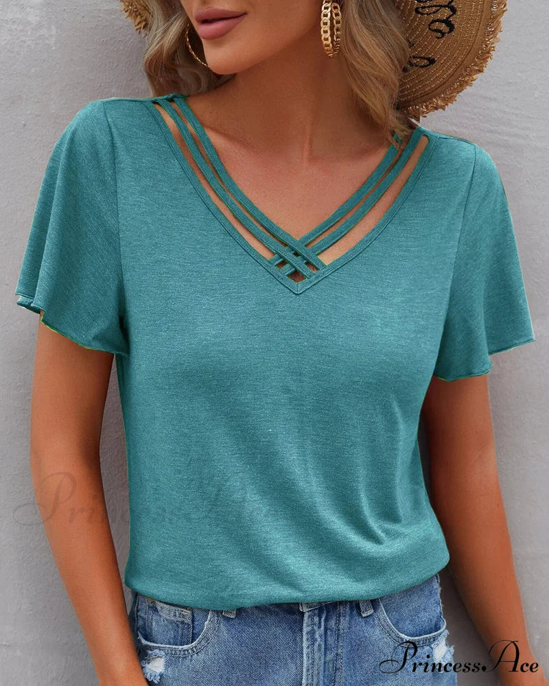 Solid color Cut Out T-shirt Cyan 23BF clothes Short Sleeve Tops Summer T-shirts Tops/Blouses
