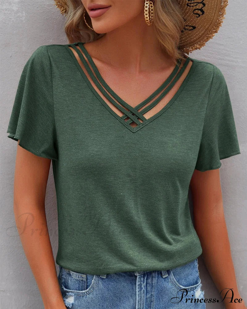 Solid color Cut Out T-shirt Dark green 23BF clothes Short Sleeve Tops Summer T-shirts Tops/Blouses
