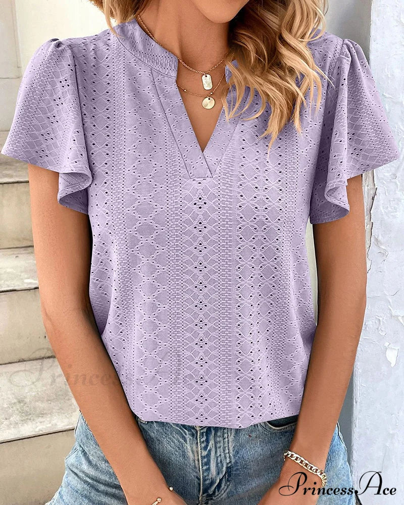 V-neck Ruffle Sleeve T-shirt Purple 23BF clothes Short Sleeve Tops Spring Summer T-shirts Tops/Blouses