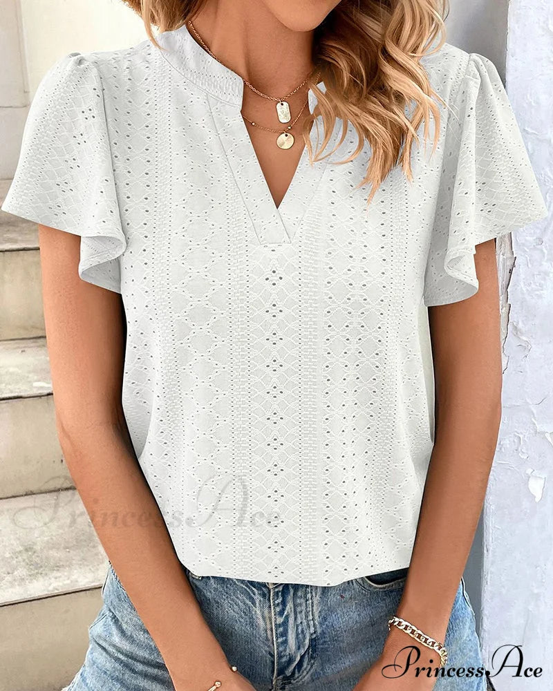 V-neck Ruffle Sleeve T-shirt White 23BF clothes Short Sleeve Tops Spring Summer T-shirts Tops/Blouses