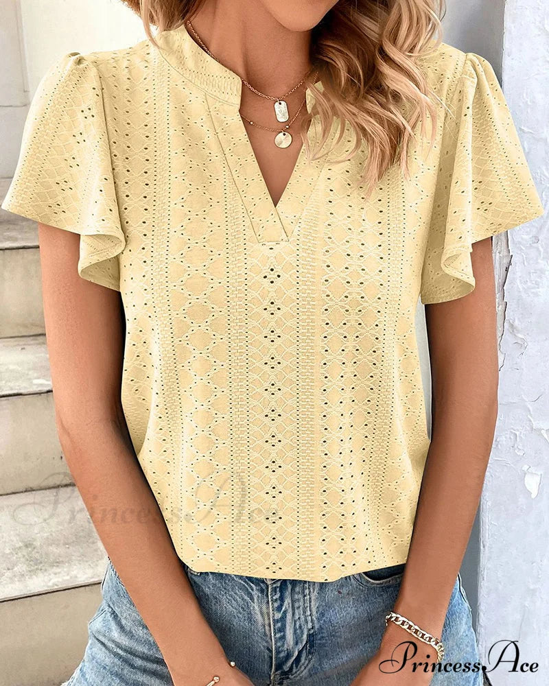 V-neck Ruffle Sleeve T-shirt Yellow 23BF clothes Short Sleeve Tops Spring Summer T-shirts Tops/Blouses
