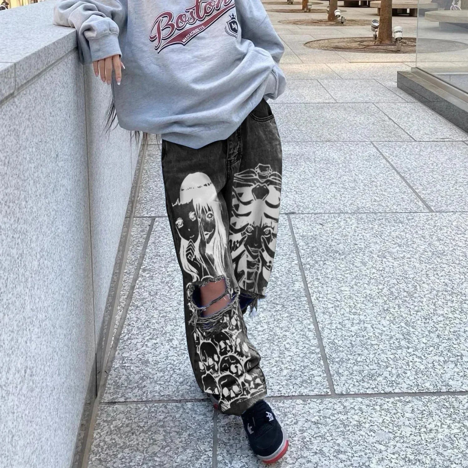 Tall Waist Torn Dark Denim Pant Black Gray / S