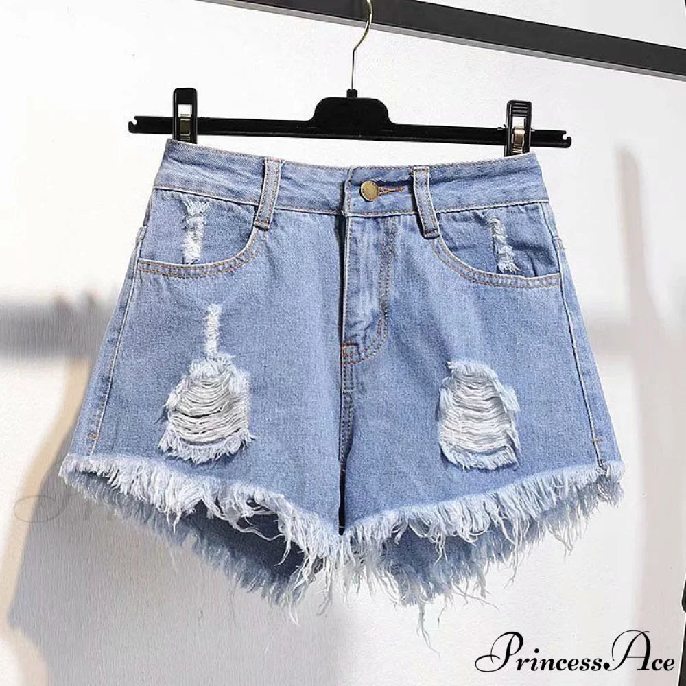 Tassel Detail Shorts Waist High And Denim With For Pockets Women 524Blue / S 42Kg- 47Kg