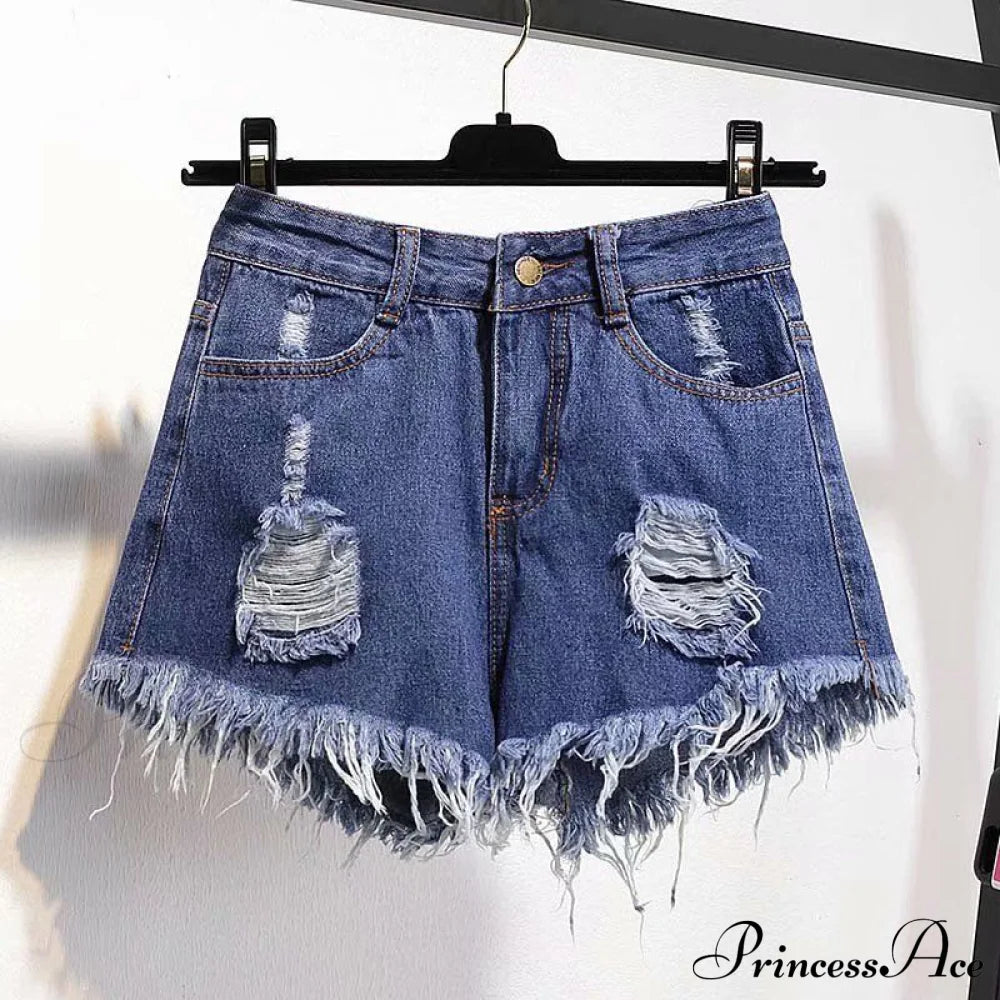 Tassel Detail Shorts Waist High And Denim With For Pockets Women 524Dark Blue / S 42Kg- 47Kg