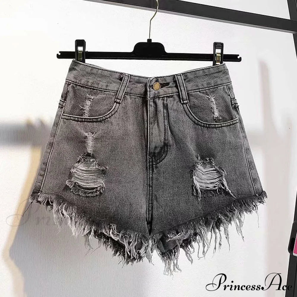 Tassel Detail Shorts Waist High And Denim With For Pockets Women 524Dark Gray / S 42Kg- 47Kg
