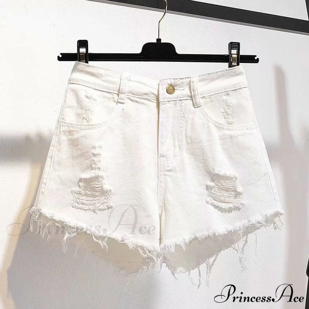 Tassel Detail Shorts Waist High And Denim With For Pockets Women 524White / S 42Kg- 47Kg