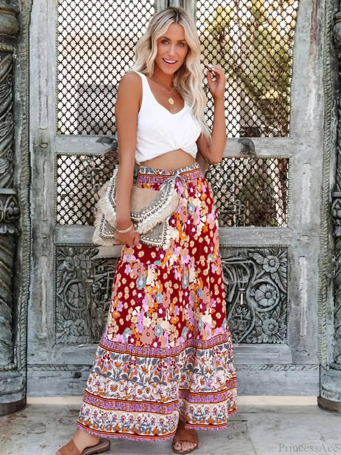 Tassel Elastic Waist Floral Printed Beach Boho Pleated Maxi Skirt Black / S skirt-250126