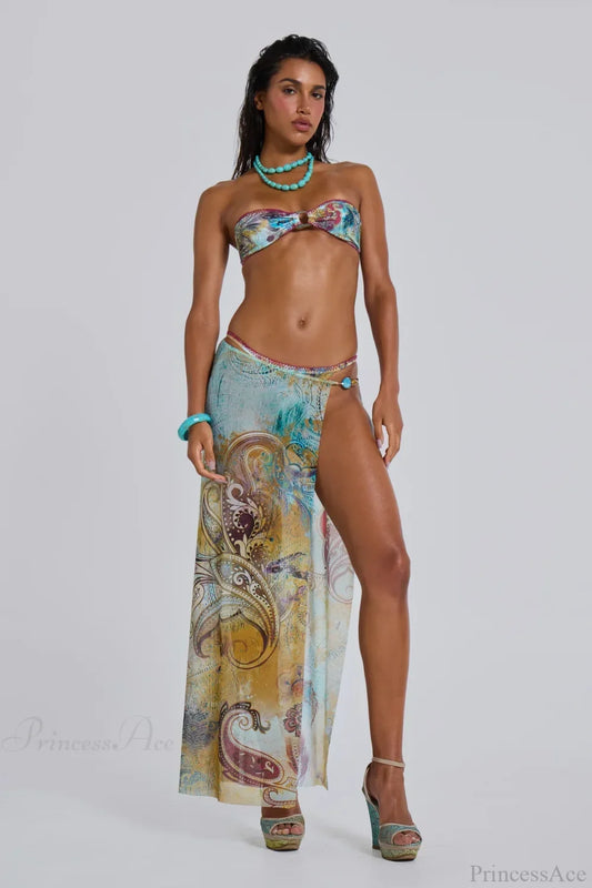Tassel Skirt Beach Style Long Bikini Set blue / S