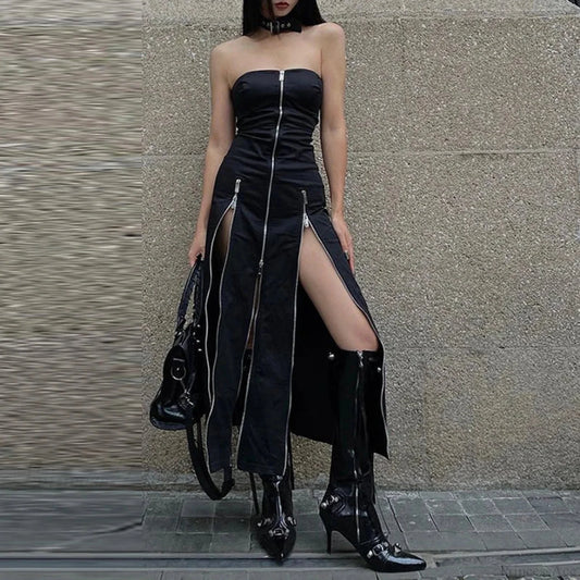 Technical Zip Up Split Ebony Midi Dress Black / S