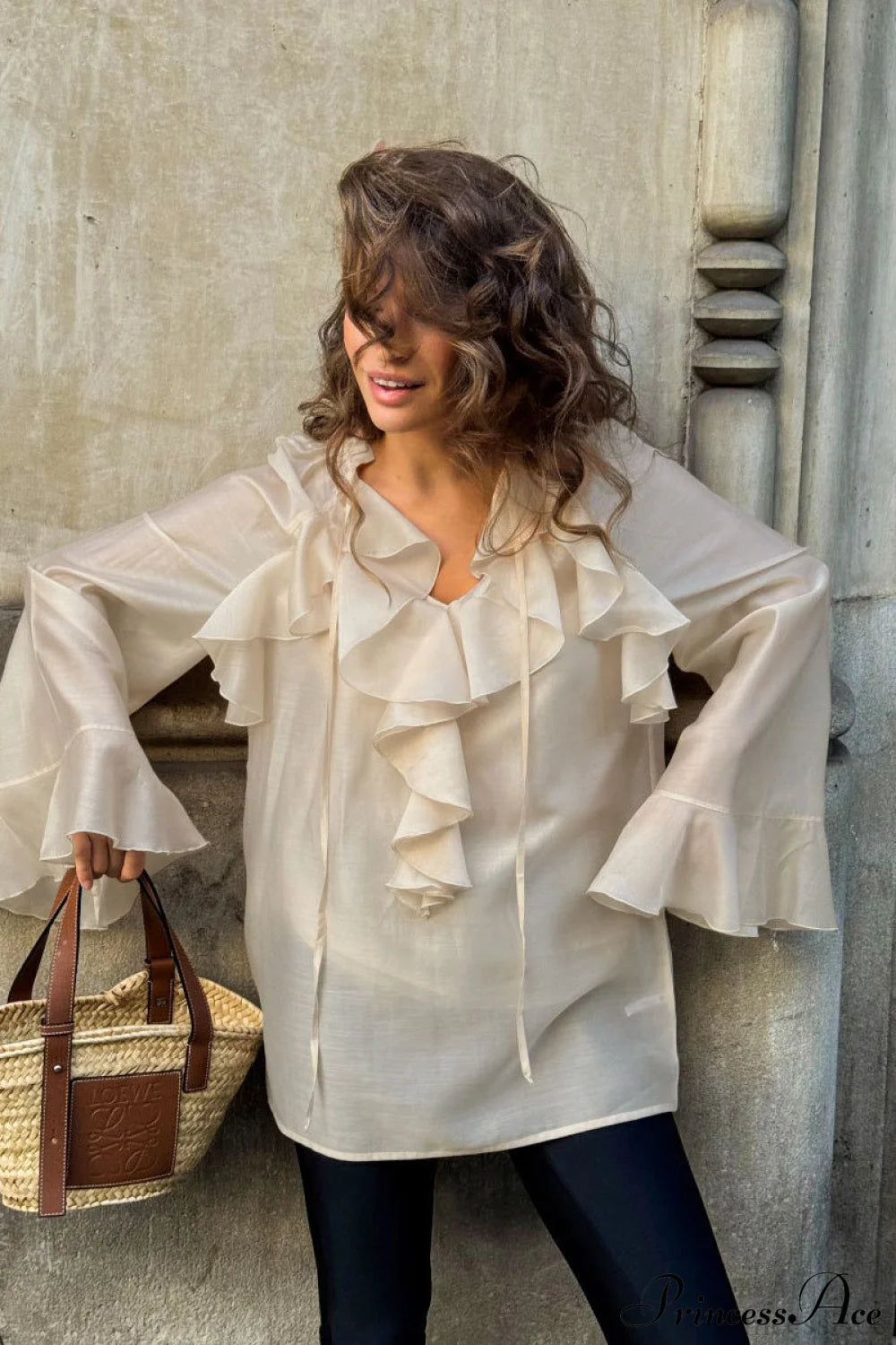 Tencel Ruffled Tie Double Layer Blouse Apricot / S