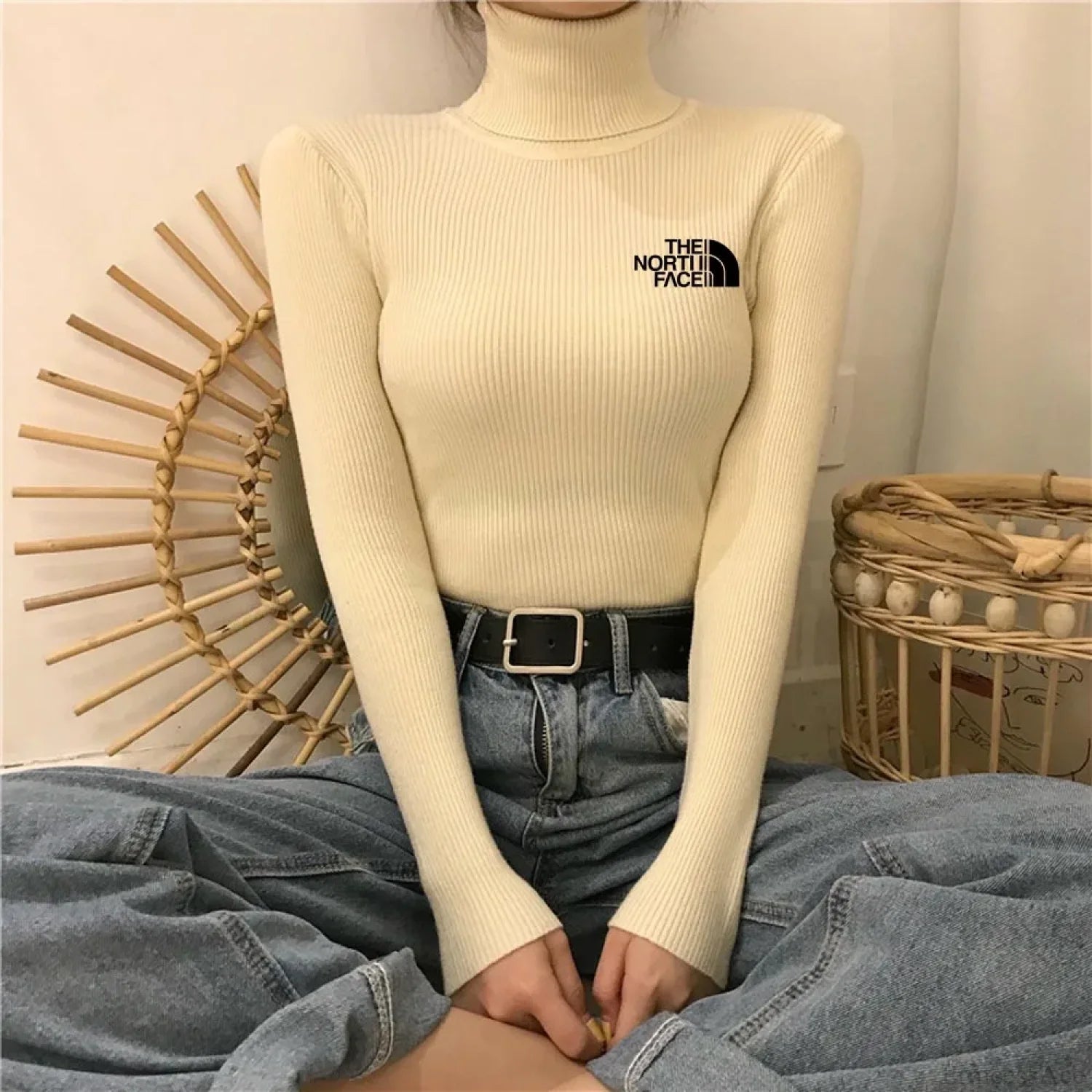 Thick Ribbed Sweater Cotton Turtleneck Knit Pullover Top apricot black / One Size knittop-250126