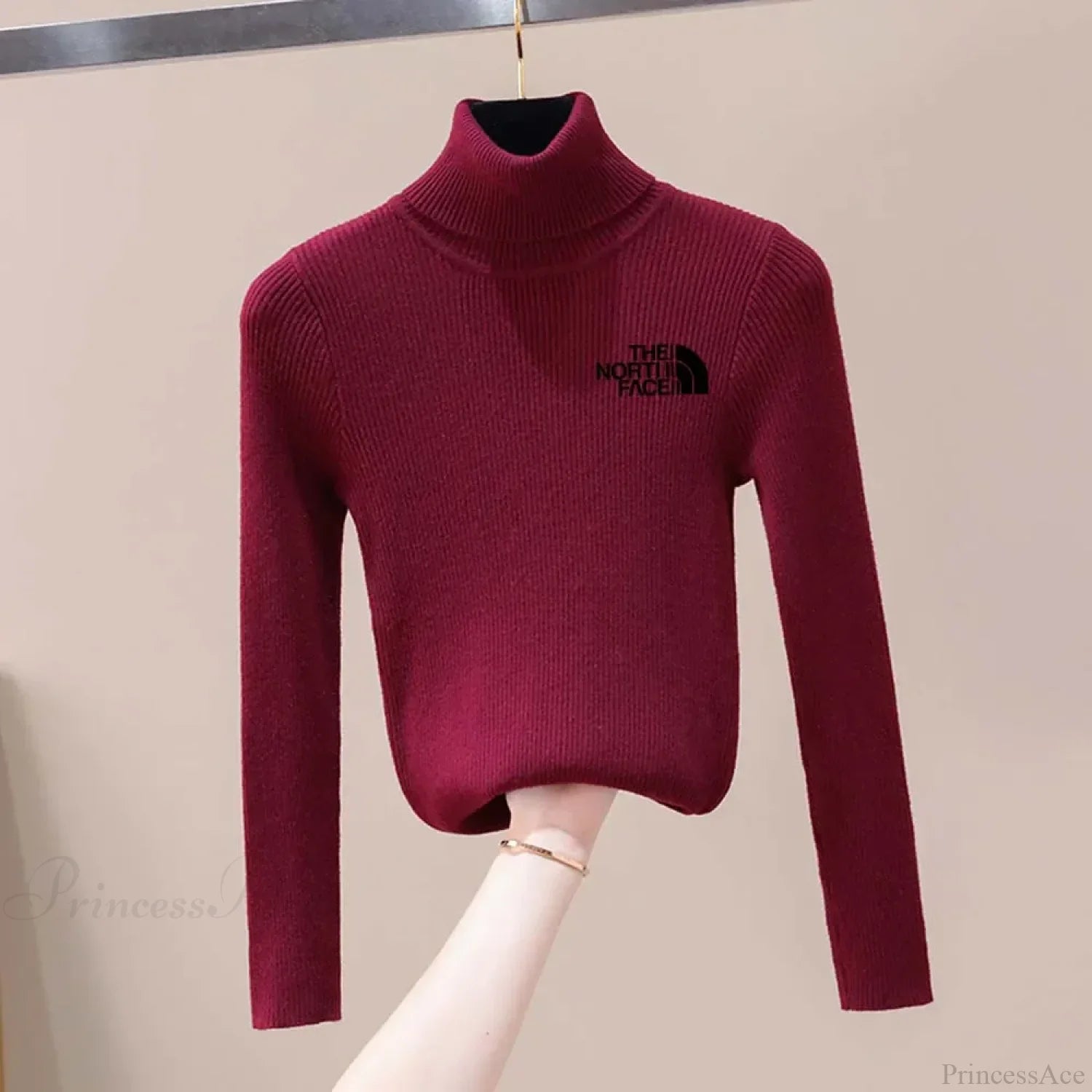 Thick Ribbed Sweater Cotton Turtleneck Knit Pullover Top Wine red black / One Size knittop-250126