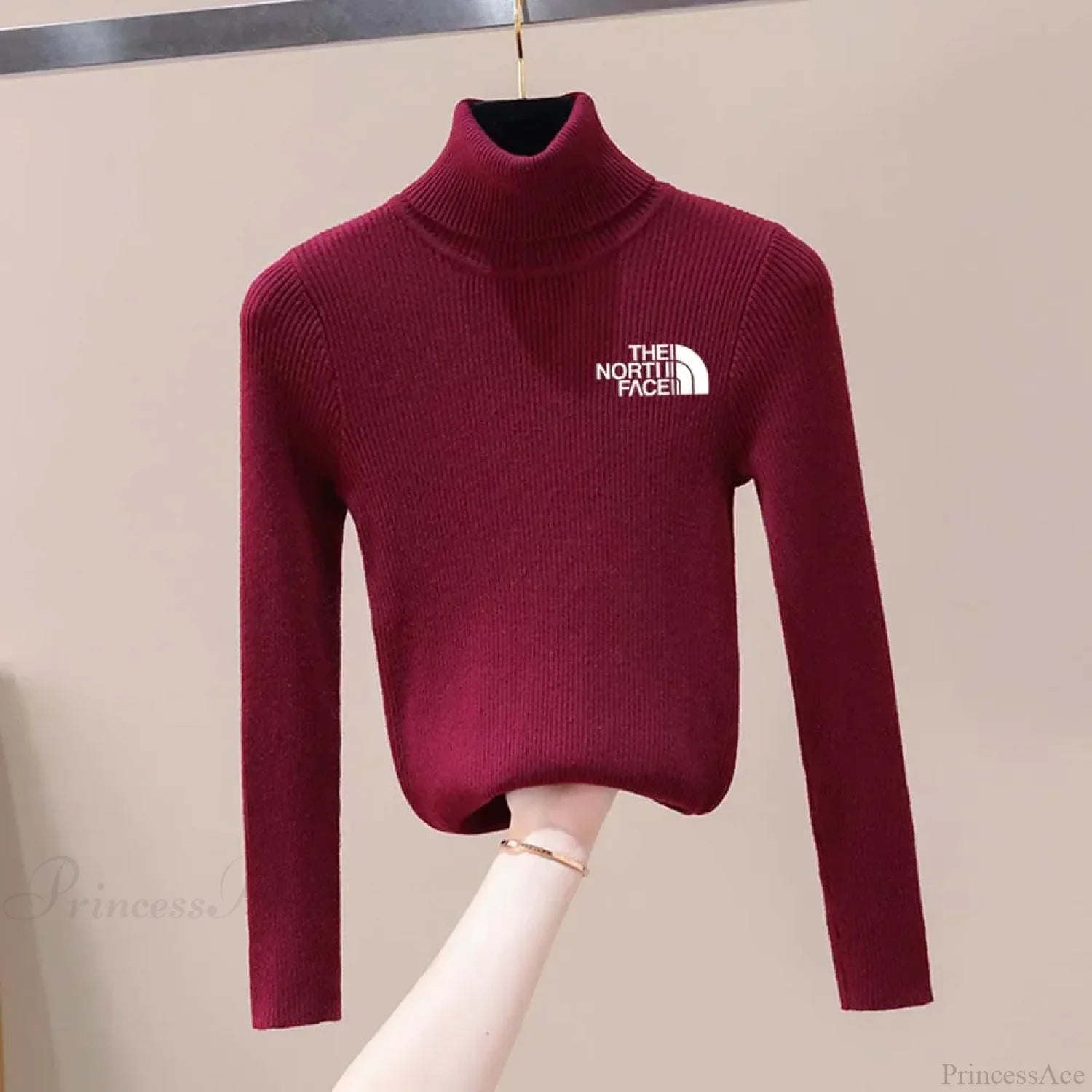 Thick Ribbed Sweater Cotton Turtleneck Knit Pullover Top Wine red white / One Size knittop-250126