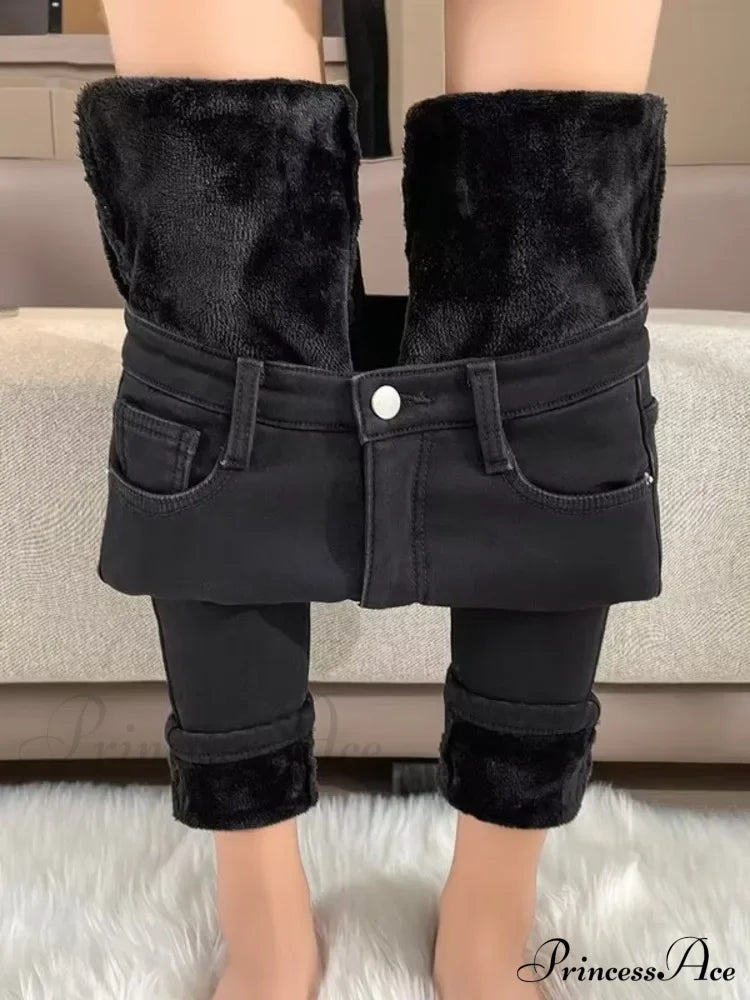 Thickened Plush High Waist Elastic Slim Pencil Winter Wool Insulation Fur Jean