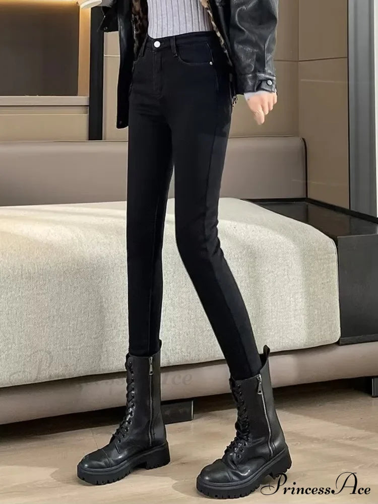 Thickened Plush High Waist Elastic Slim Pencil Winter Wool Insulation Fur Jean