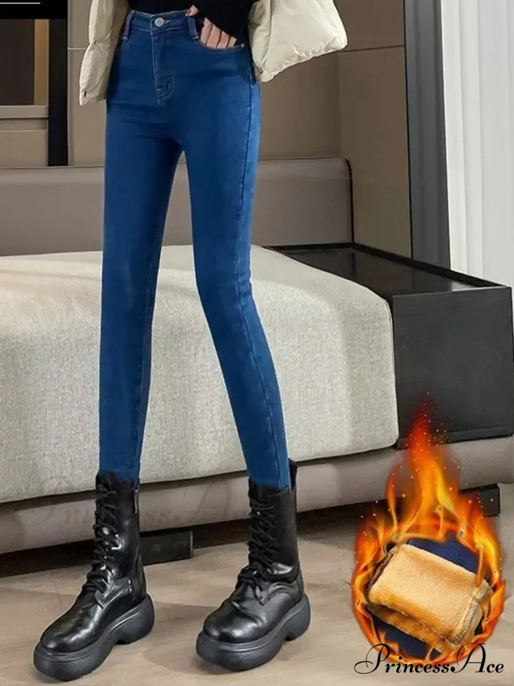 Thickened Plush High Waist Elastic Slim Pencil Winter Wool Insulation Fur Jean Yellow Velvet Blue /