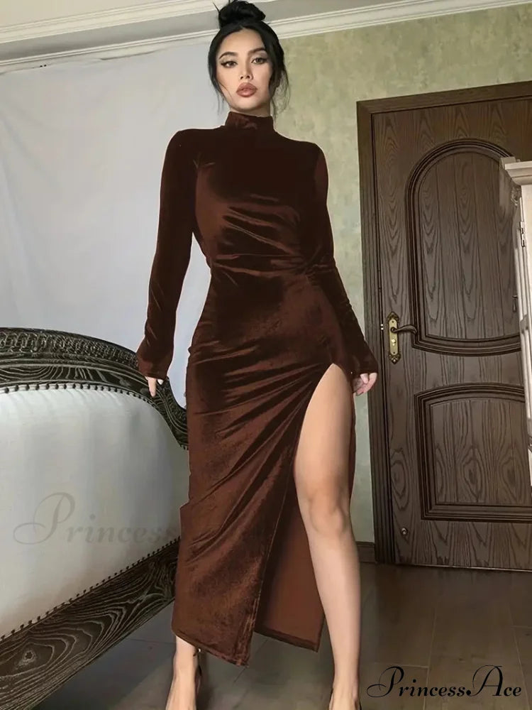 Thigh Split Ruched High Collar Long Sleeve Party Dress S / Brown Green Velvet Party Dress