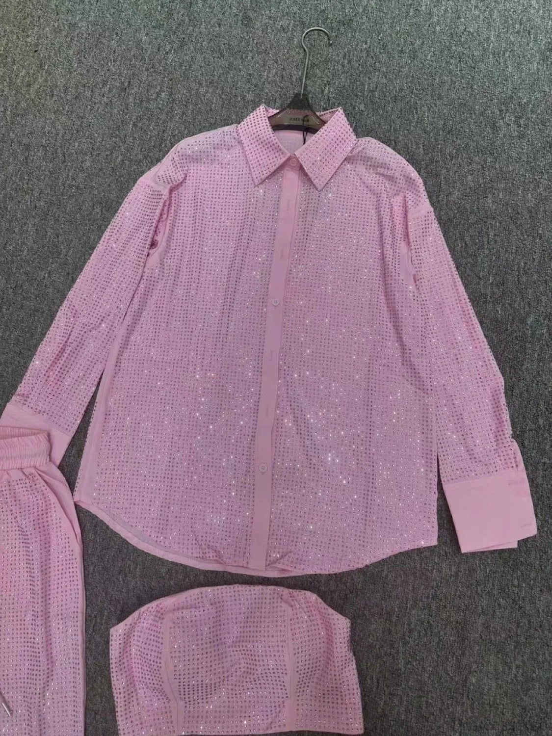 Three Piece Pants Set Sexy Sparkle Diamonds Long Sleeve Pink Christmas Party Dress Dresses-L