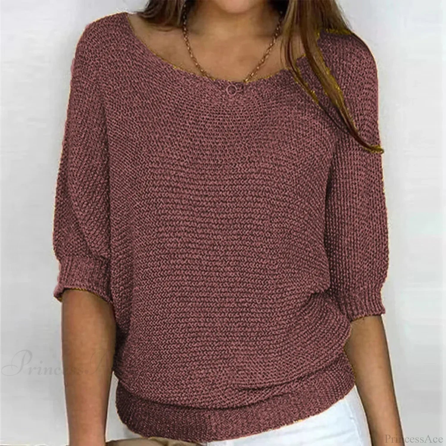 Three - Quarter Sleeve Elegant Purple Sweater Brown / S