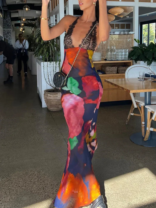 Tie Dye Floral Chiffon Vacation Dress vacationdress-250223