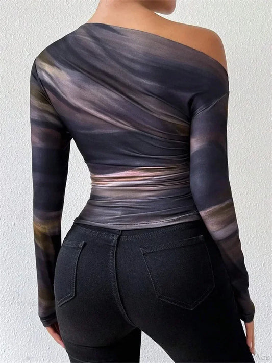 Tie-dye One Shoulder Slim Fit Long Sleeve Knit Top knittop-250126