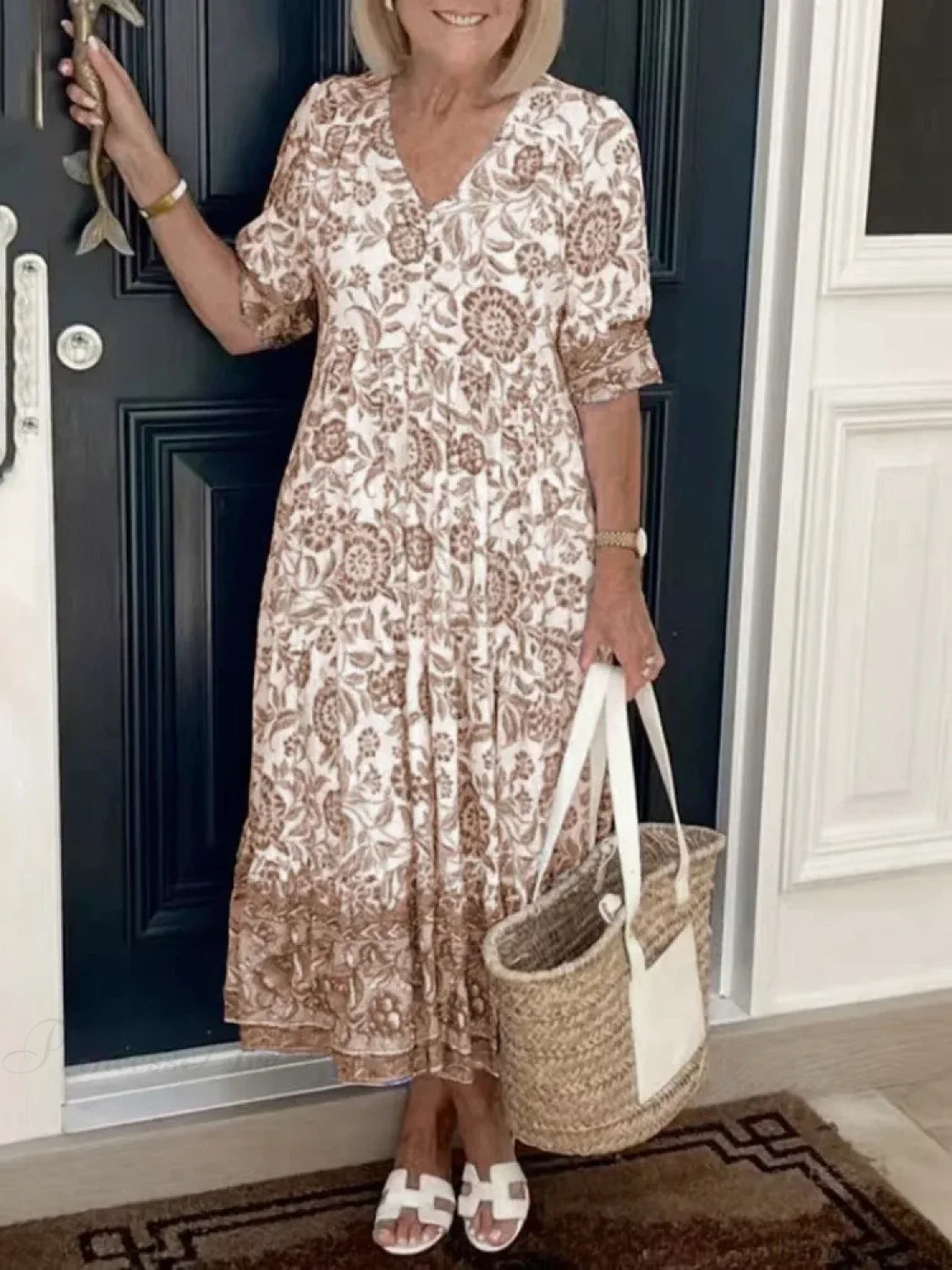 Tie-dye V-neck Floral Dress Plus Size Loose Summer Dress Khaki / S oldfloraldress-250126