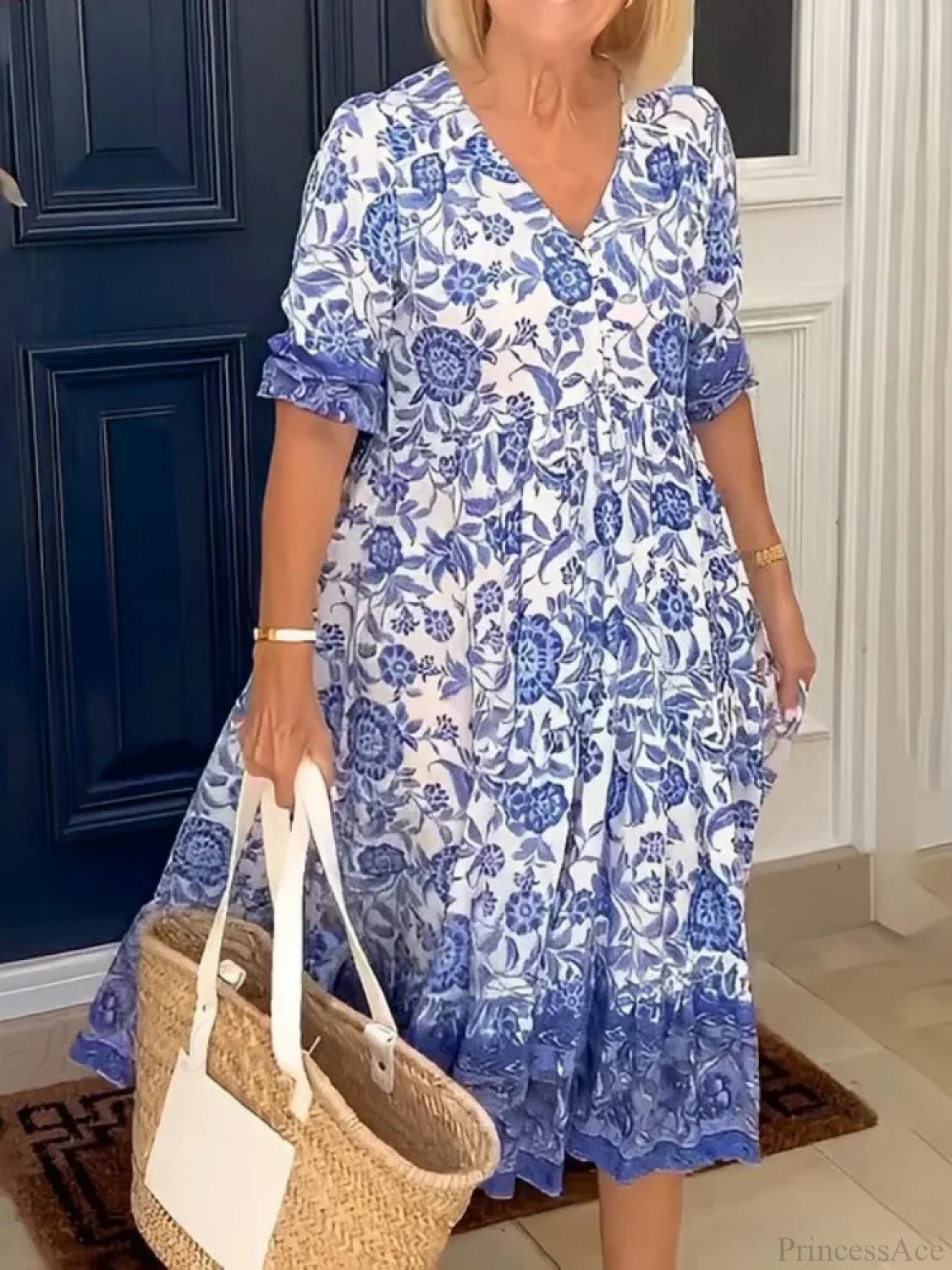 Tie-dye V-neck Floral Dress Plus Size Loose Summer Dress oldfloraldress-250126