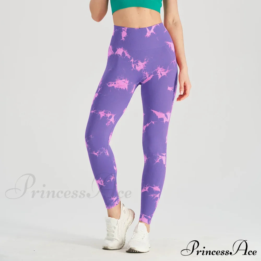 Tie Dye Waist Tummy Control Seamless Push Up Yoga Legging Pink Purple / S