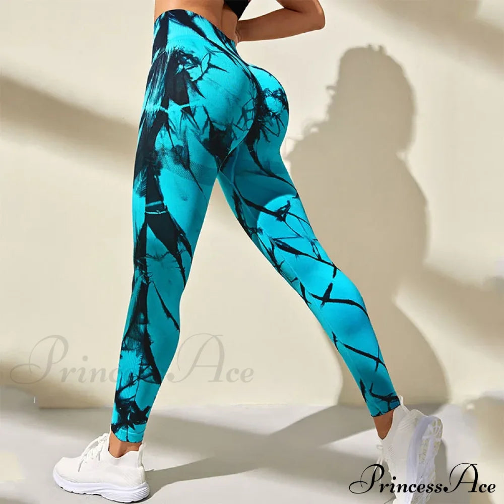 Tie-Dyed Quick-Dry 3D Printing Fitness Legging Blue / S