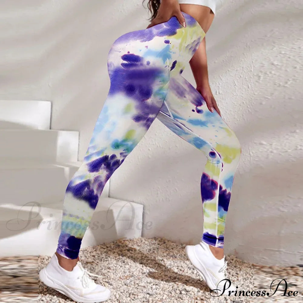 Tie-Dyed Quick-Dry 3D Printing Fitness Legging Purple / S