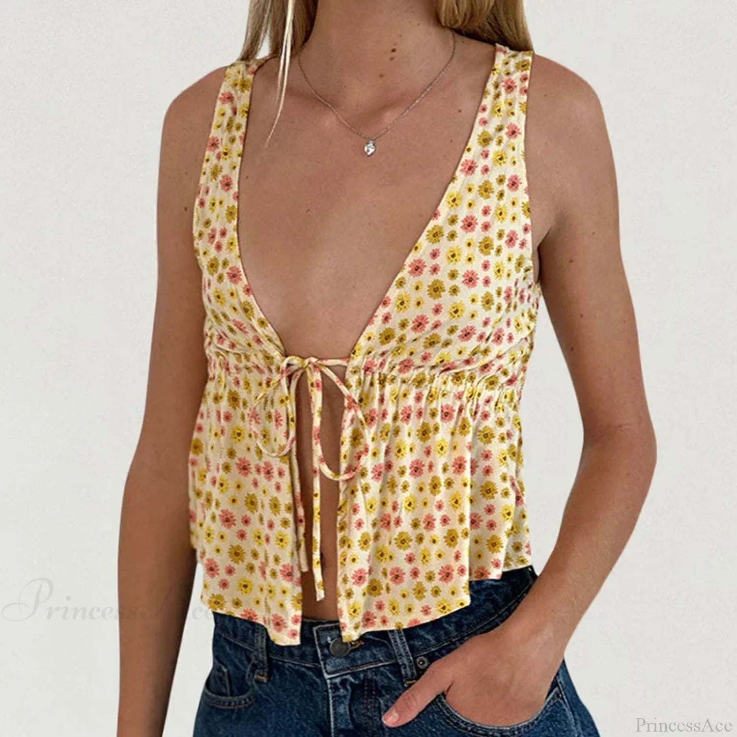 Tie Front Underbust Drawcord Floral Print V Neck Sleeveless Fairy Backless Crop Top ORANGE / S croptop-250126