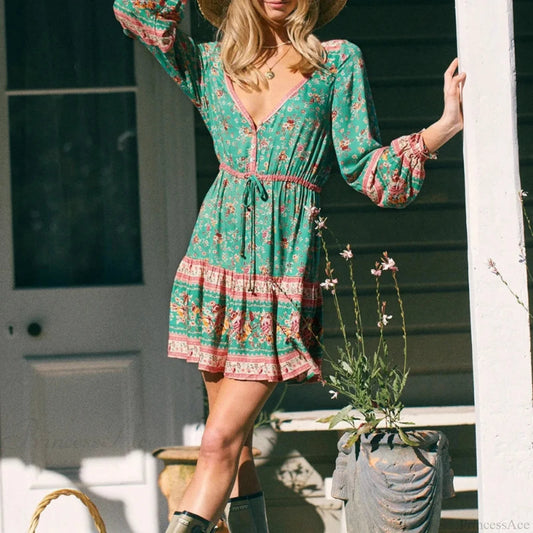 Tie Neck Floral Print Long Sleeve Ethnic Cotton Mini Boho Dress Green / S bohodress-250126