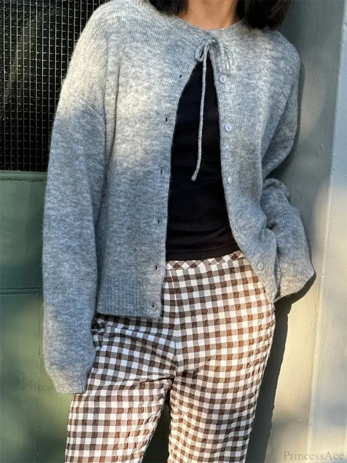 Tie-up Button Solid Knit Cardigan GRAY / S