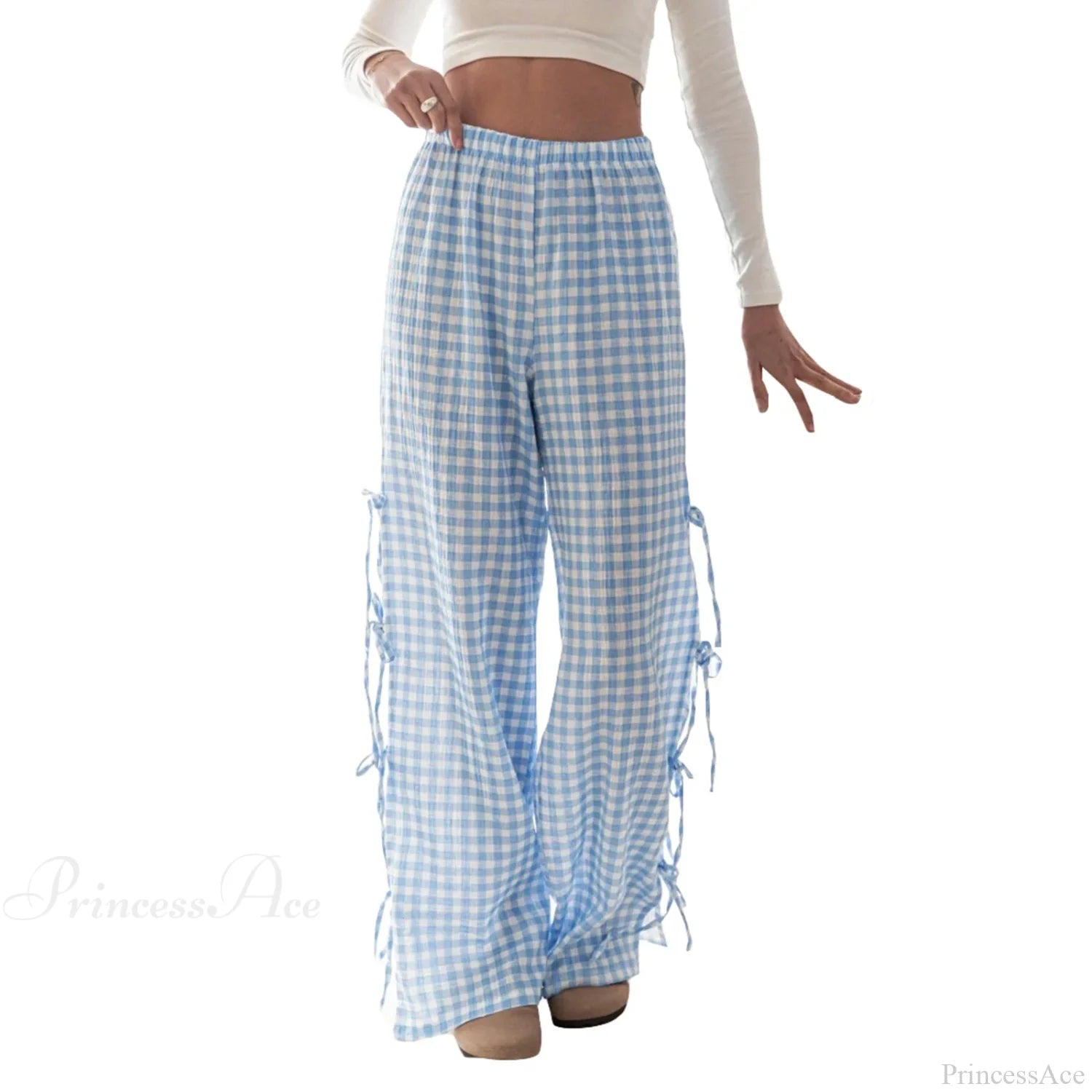 Tie-Up Plaid Stripe Loose Polyester Wide Leg Pant Blue / S pant-250223