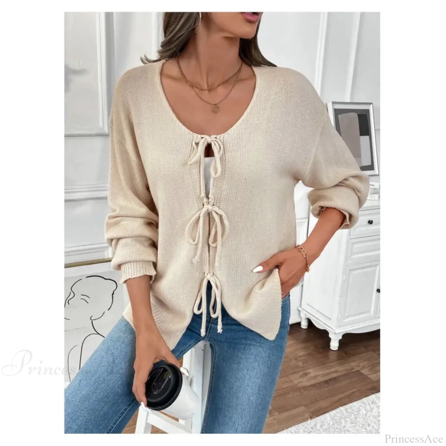 Tie-Up Round Neck Solid Sweater Coat Cardigan cardiagn-250126