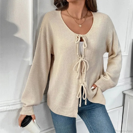 Tie-Up Round Neck Solid Sweater Coat Cardigan cardiagn-250126