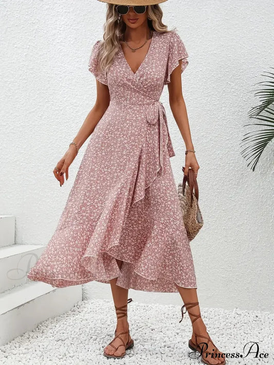 Tied Flowered Gown Flutter Surplice Design With Neck Sleeves S / Pink Pink Floral Maxi Dress