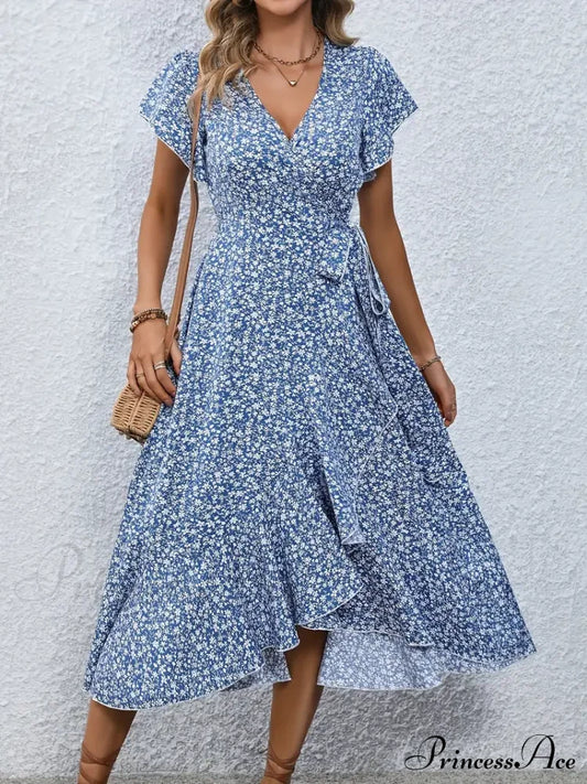 Tied Flowered Gown Flutter Surplice Design With Neck Sleeves S / Red Pink Floral Maxi Dress