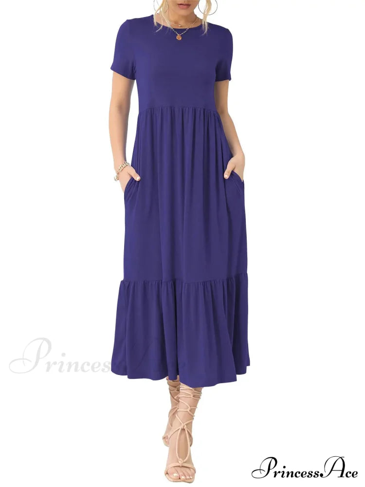 Tiered Maxi Beach Dress With Pockets - Short Sleeve M / Blue Red Ruffles Maix Dress