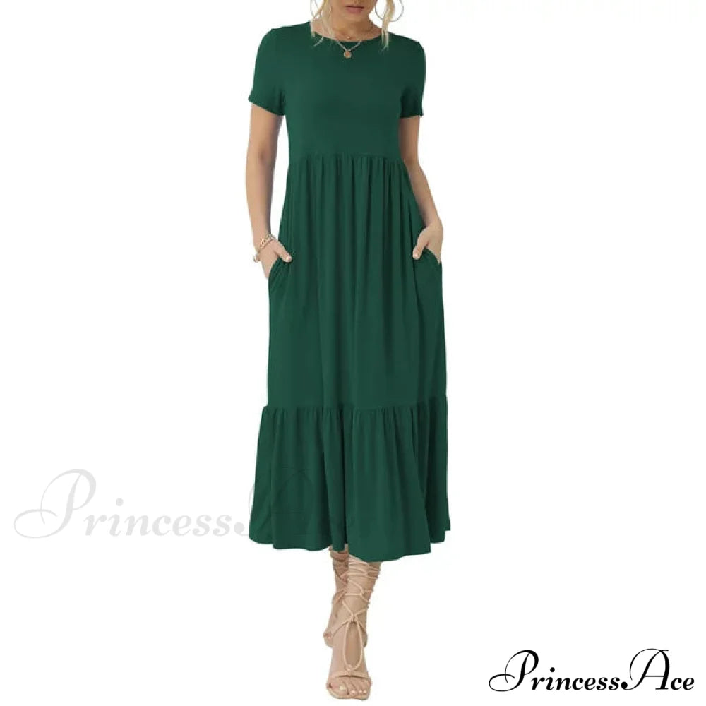 Tiered Maxi Beach Dress With Pockets - Short Sleeve M / Navy Red Ruffles Maix Dress