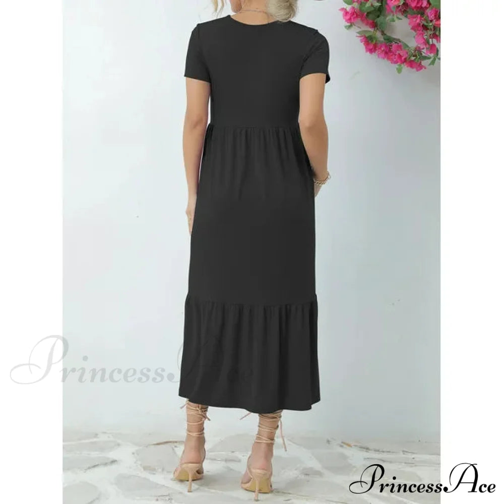 Tiered Maxi Beach Dress With Pockets - Short Sleeve M / Pink Red Ruffles Maix Dress