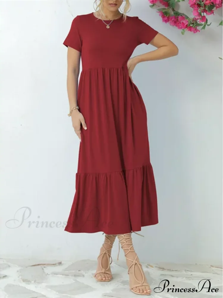 Tiered Maxi Beach Dress With Pockets - Short Sleeve S / Red Red Ruffles Maix Dress