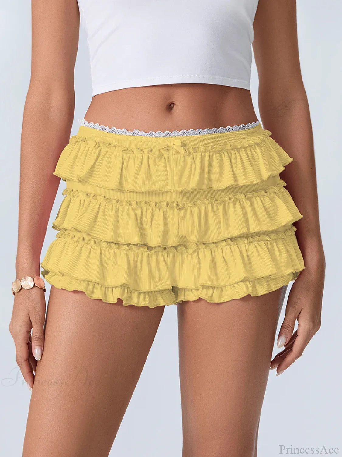 Tiered Ruffled Elastic Waist Short Yellow / S short-250223