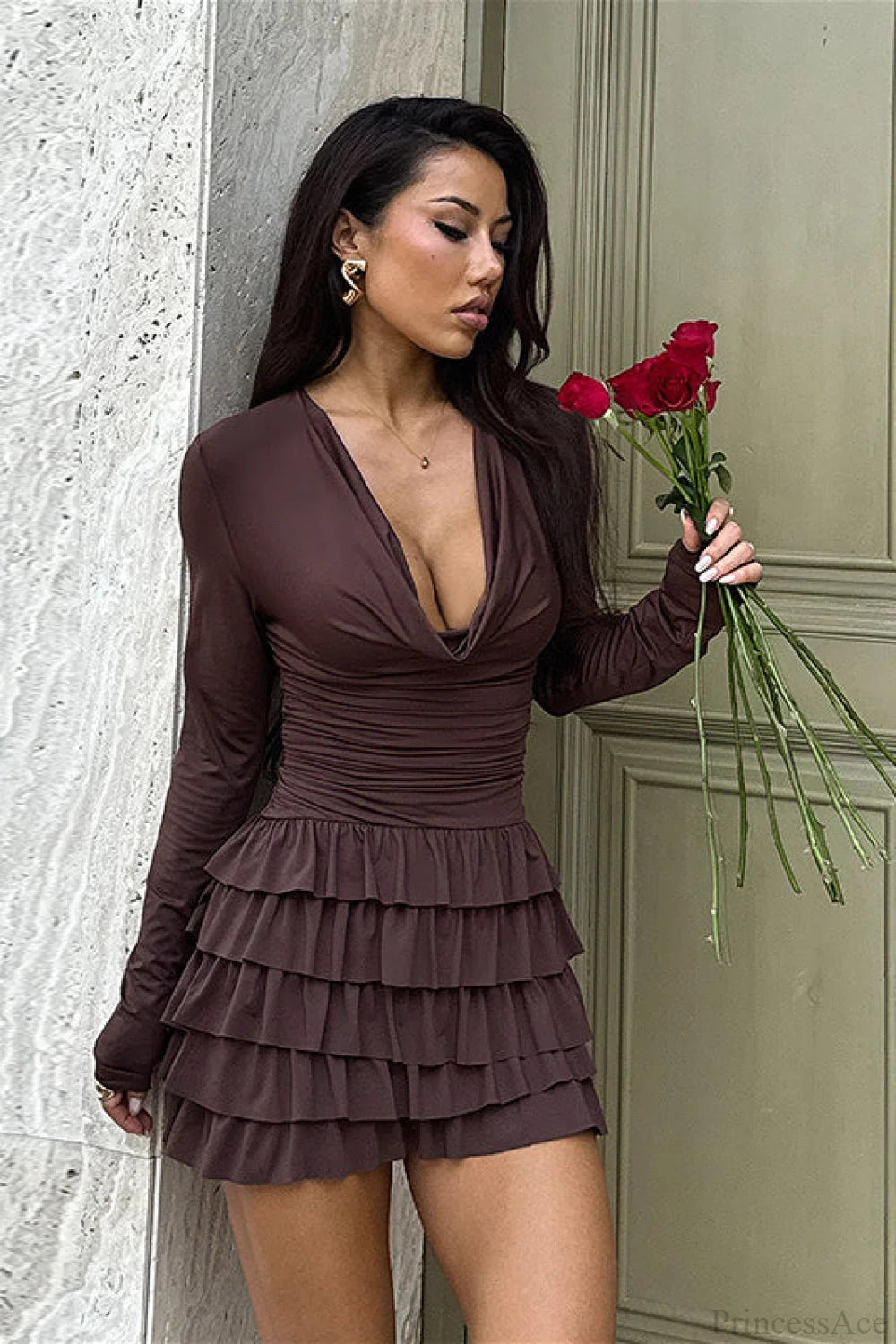 Tiered V-Neck Ruched Slim Mini Dress Brown / S