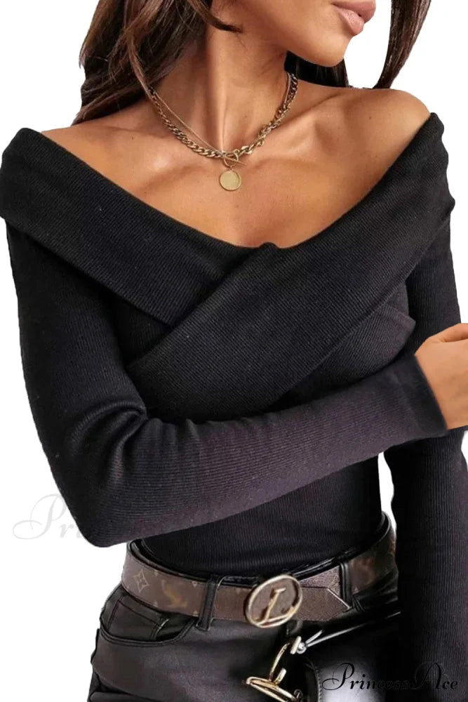 Top - Ribbed Casual Arm V Neck Crossed Long Black Tops