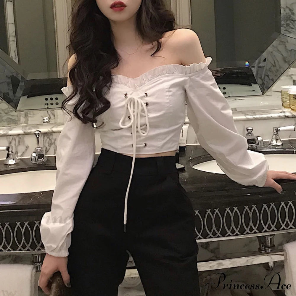 Top Sleeves Lace Ruffle Puff Tops Long Crop Vintage Arm Up Bandage Blouse Shoulder Ladies Black Off