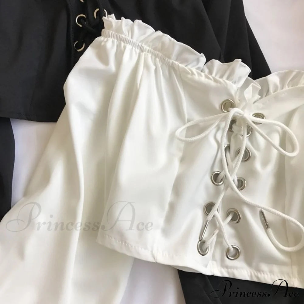 Top Sleeves Lace Ruffle Puff Tops Long Crop Vintage Arm Up Bandage Blouse Shoulder Ladies Black Off