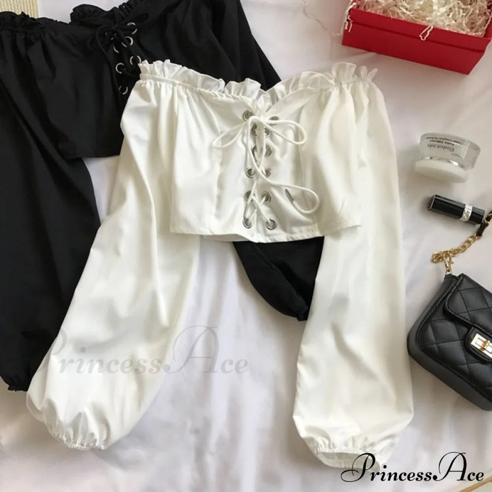 Top Sleeves Lace Ruffle Puff Tops Long Crop Vintage Arm Up Bandage Blouse Shoulder Ladies Black Off