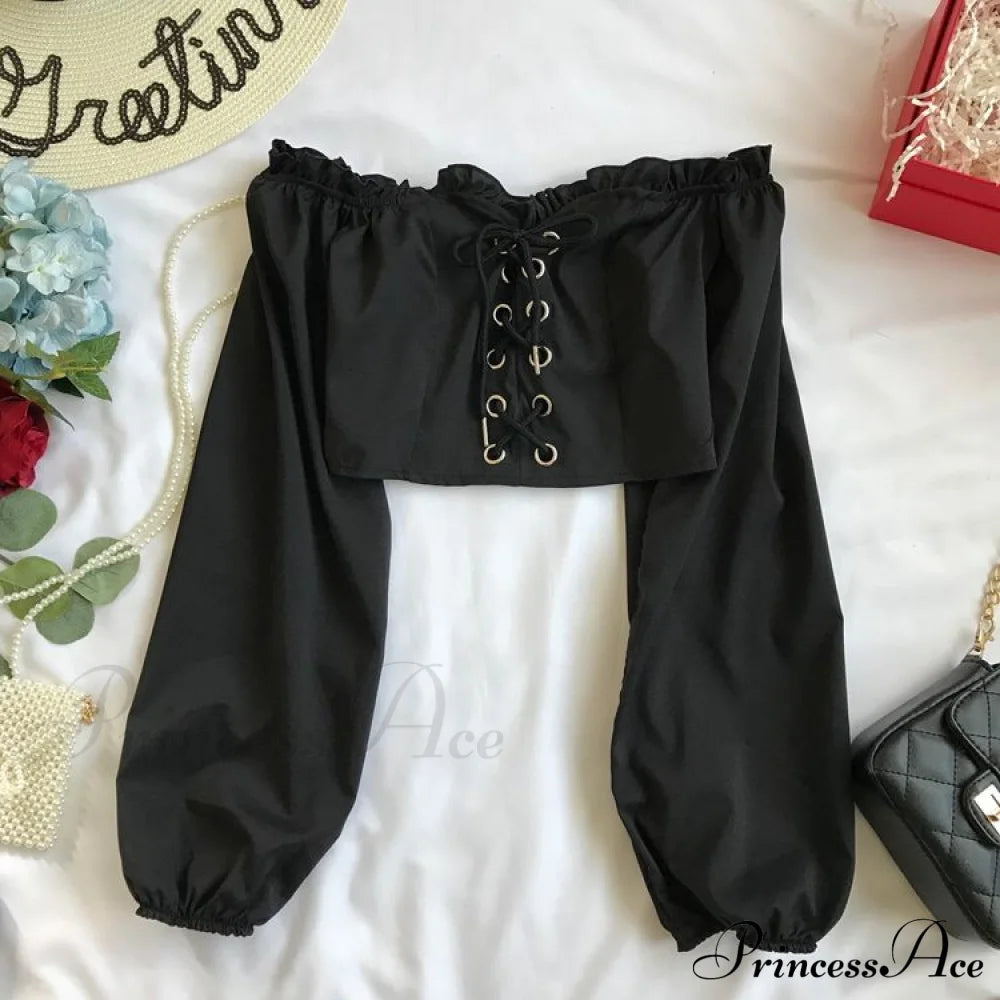 Top Sleeves Lace Ruffle Puff Tops Long Crop Vintage Arm Up Bandage Blouse Shoulder Ladies Black Off
